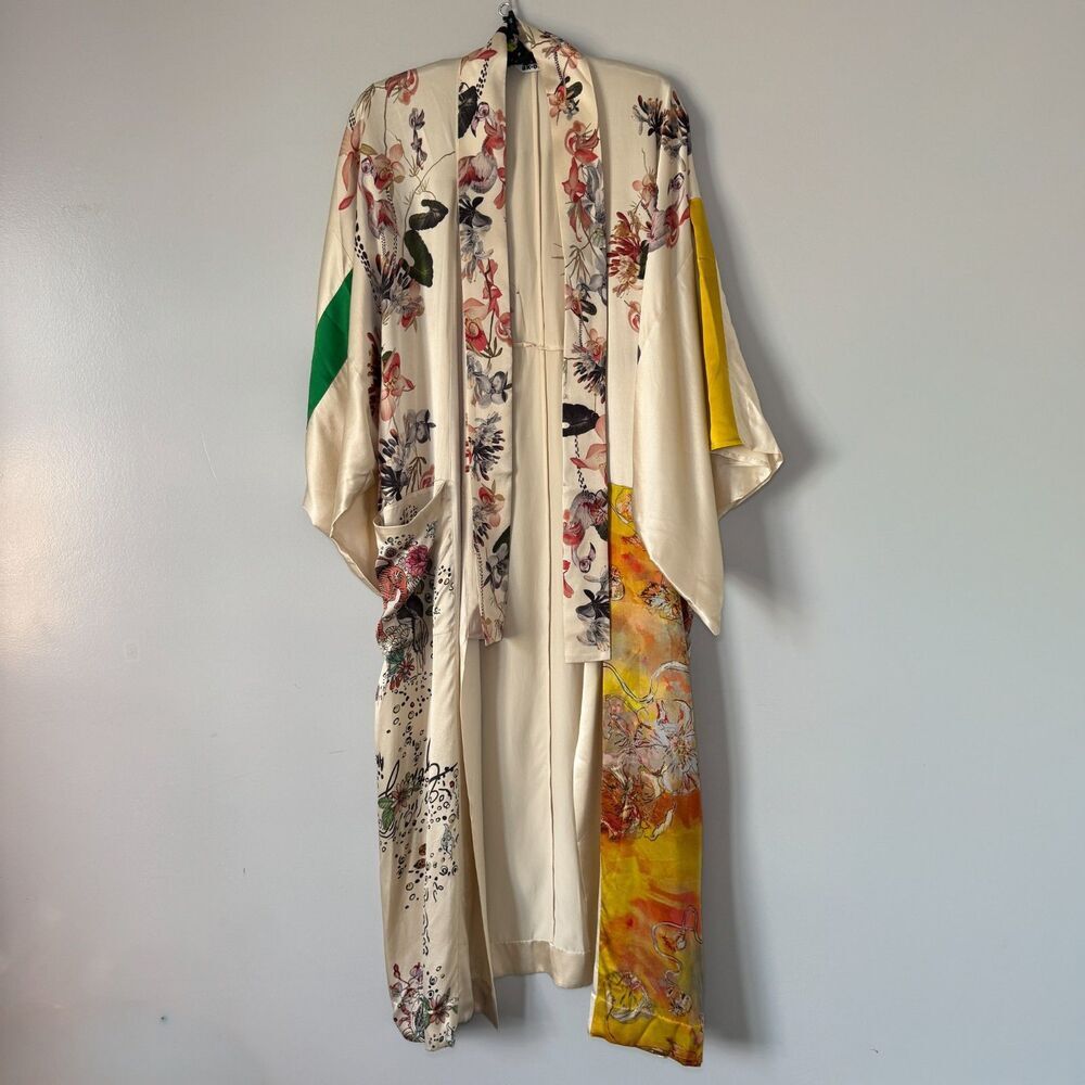 Stunning 100% Silk Ak-OK Kimono/Robe Floral Design Creme/Pink Orchid SZ L